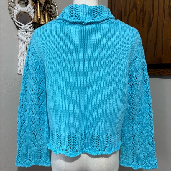 Vtg Blue Crochet Knit Open Front Cardigan Shrug Size Large Ruffles Y2K - Picture 5 of 11